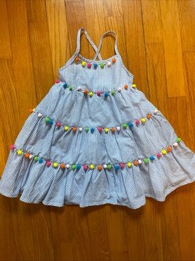 Tommy Bahama Girl’s 3T Blue & White Striped Pom-Pom Tiered Lined Smocked Dress